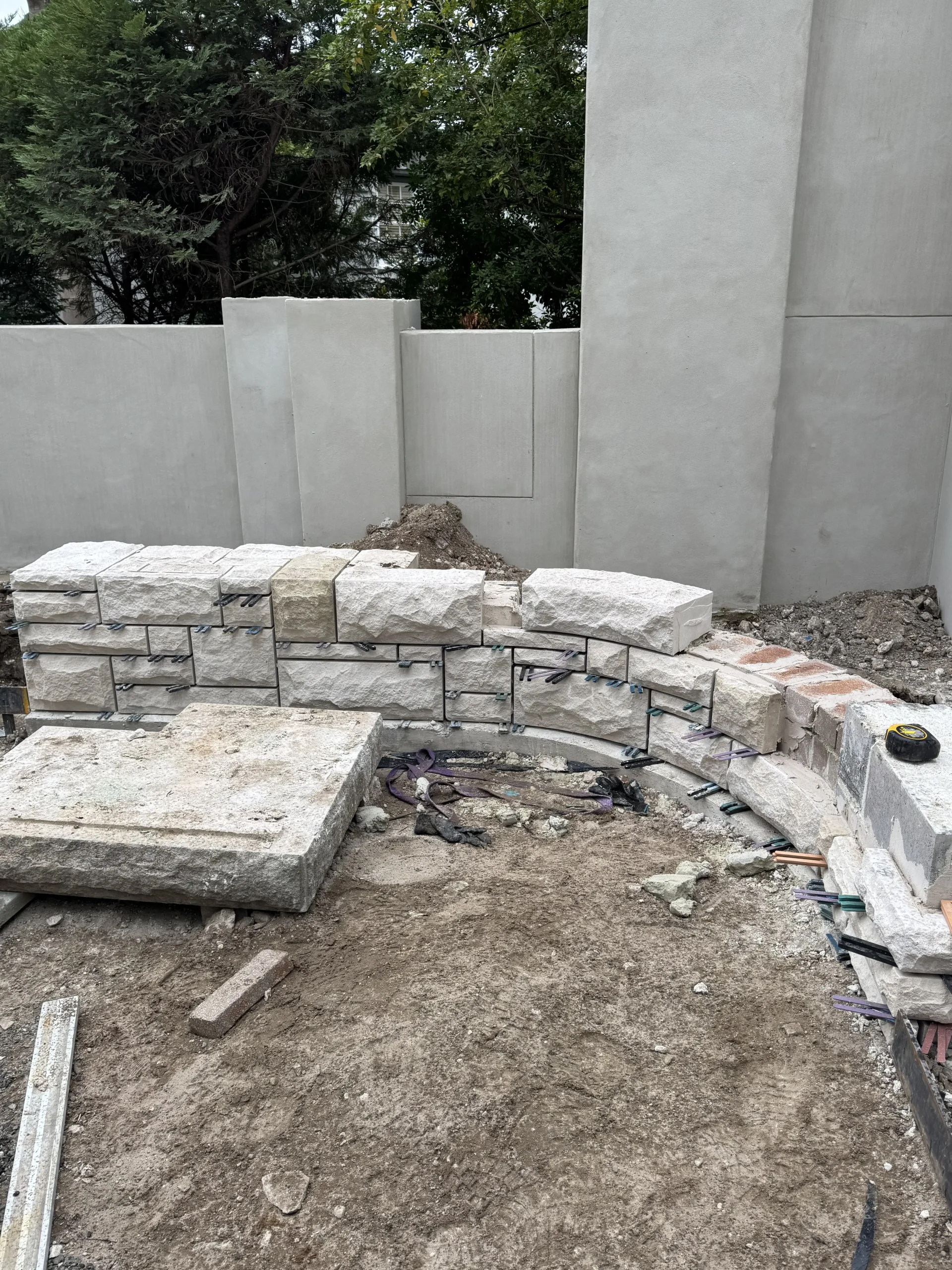 Sandstone archway being built, early construction stage