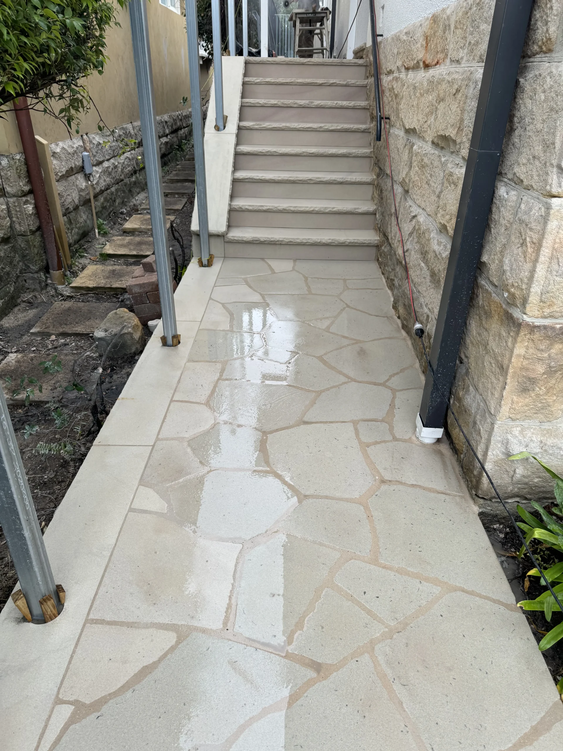 Close-up detail of finished sandstone stair treads